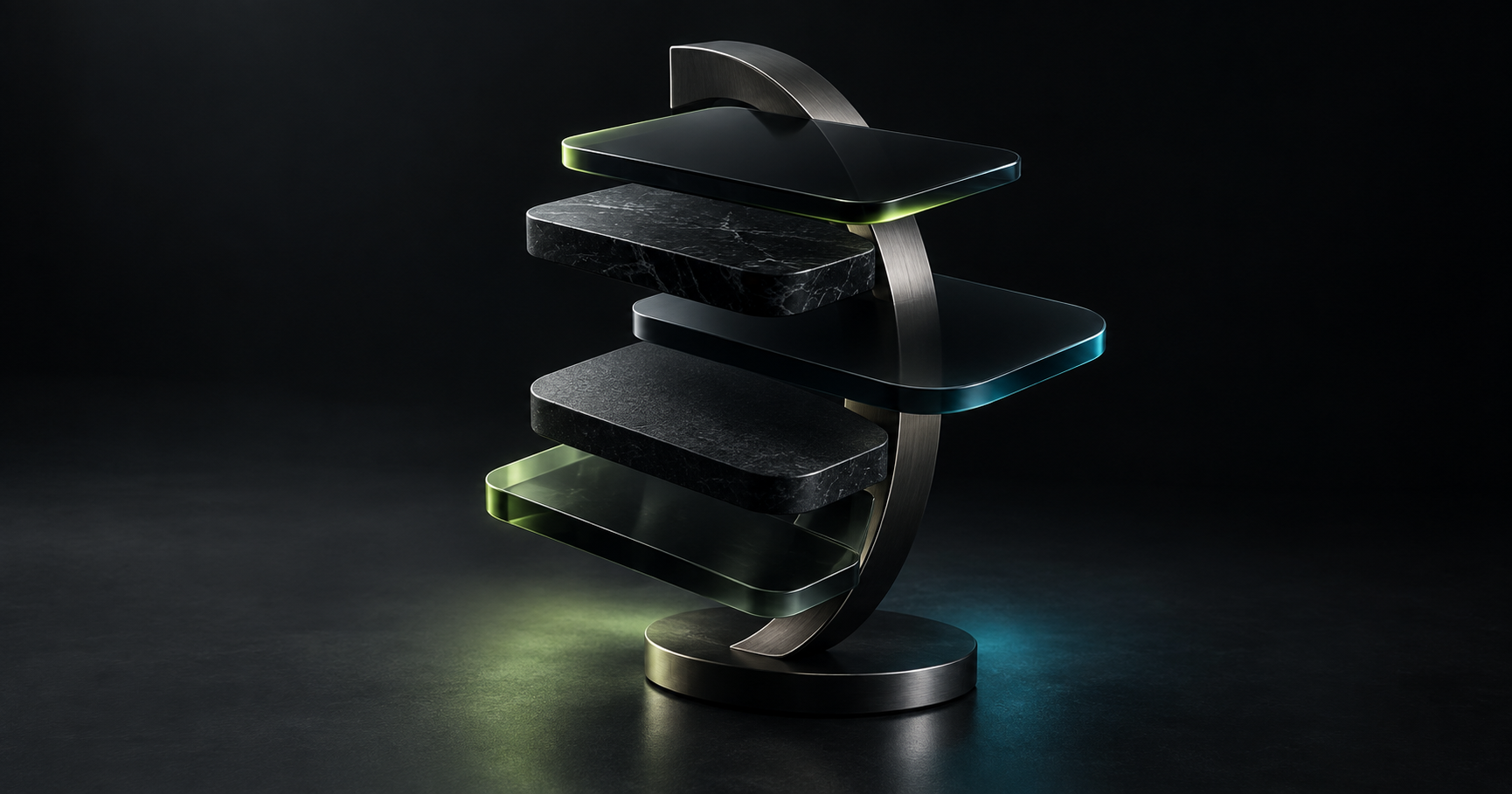 Layered obsidian and smoked-glass plates around a brushed titanium arc, with lime and cyan highlights on a dark background.